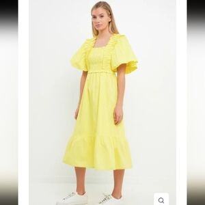 English Factory Butter Yellow Puff Sleeve Smocked Cottagecore Boho Midi Dress S